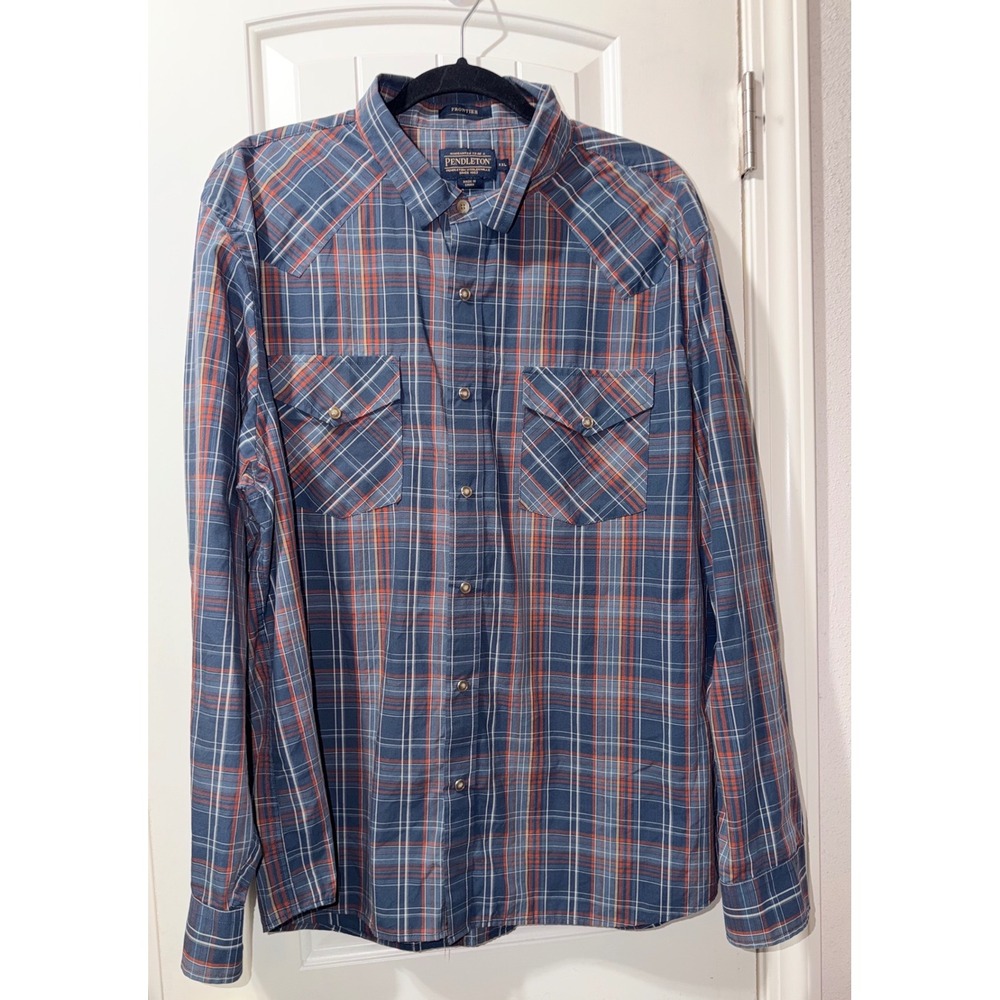 Pendleton Frontier Mens XXL Blue Plaid Pearl Snap Western Shirt Sz XXL